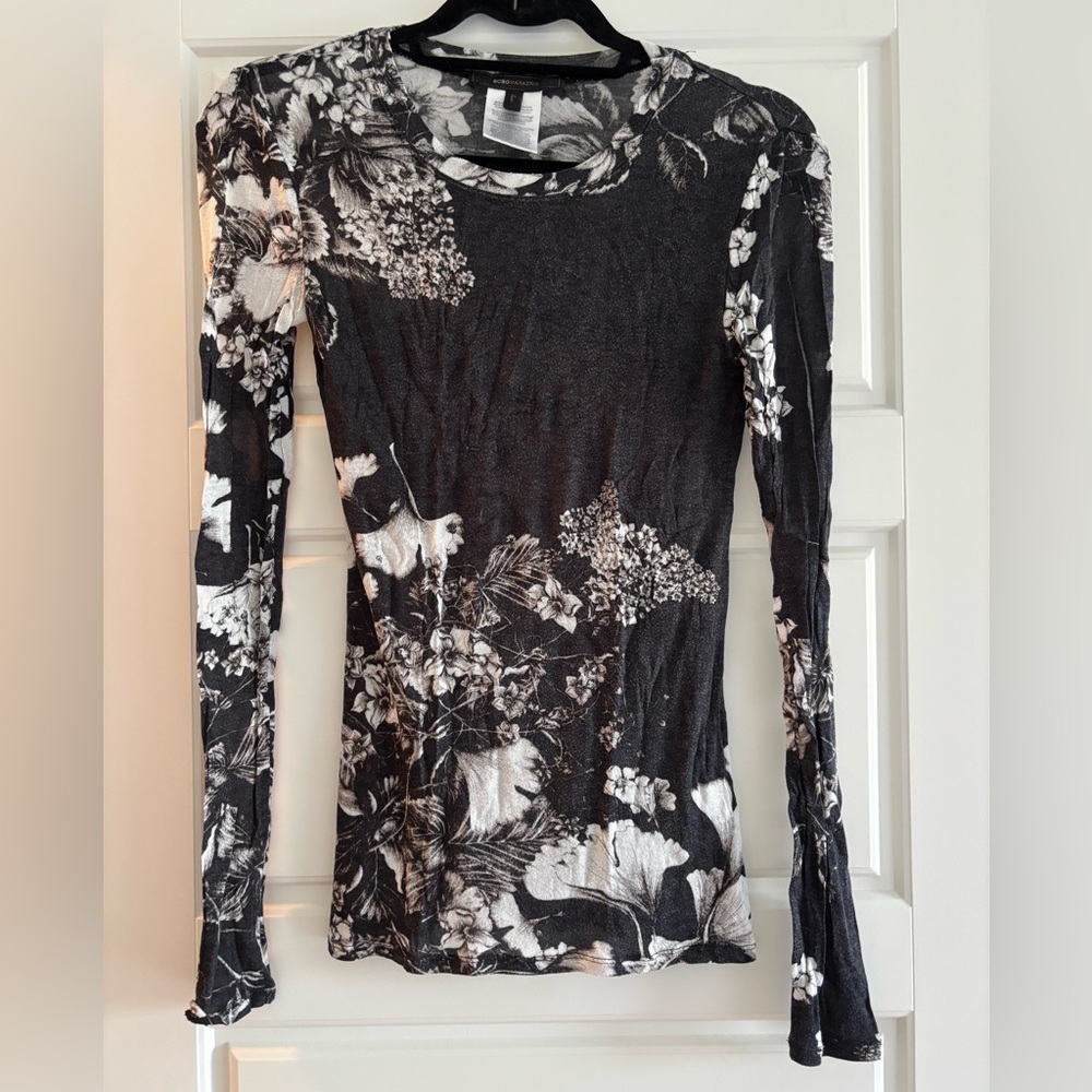 PRE-OWNED BCBGMaxAzria Black and White Floral Slightly Sheer Tee | S